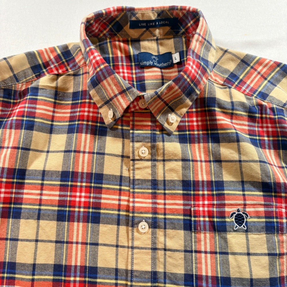 Simply Southern Plaid Button Down Shirt Mens Large Tan Red Blue Cotton Casual